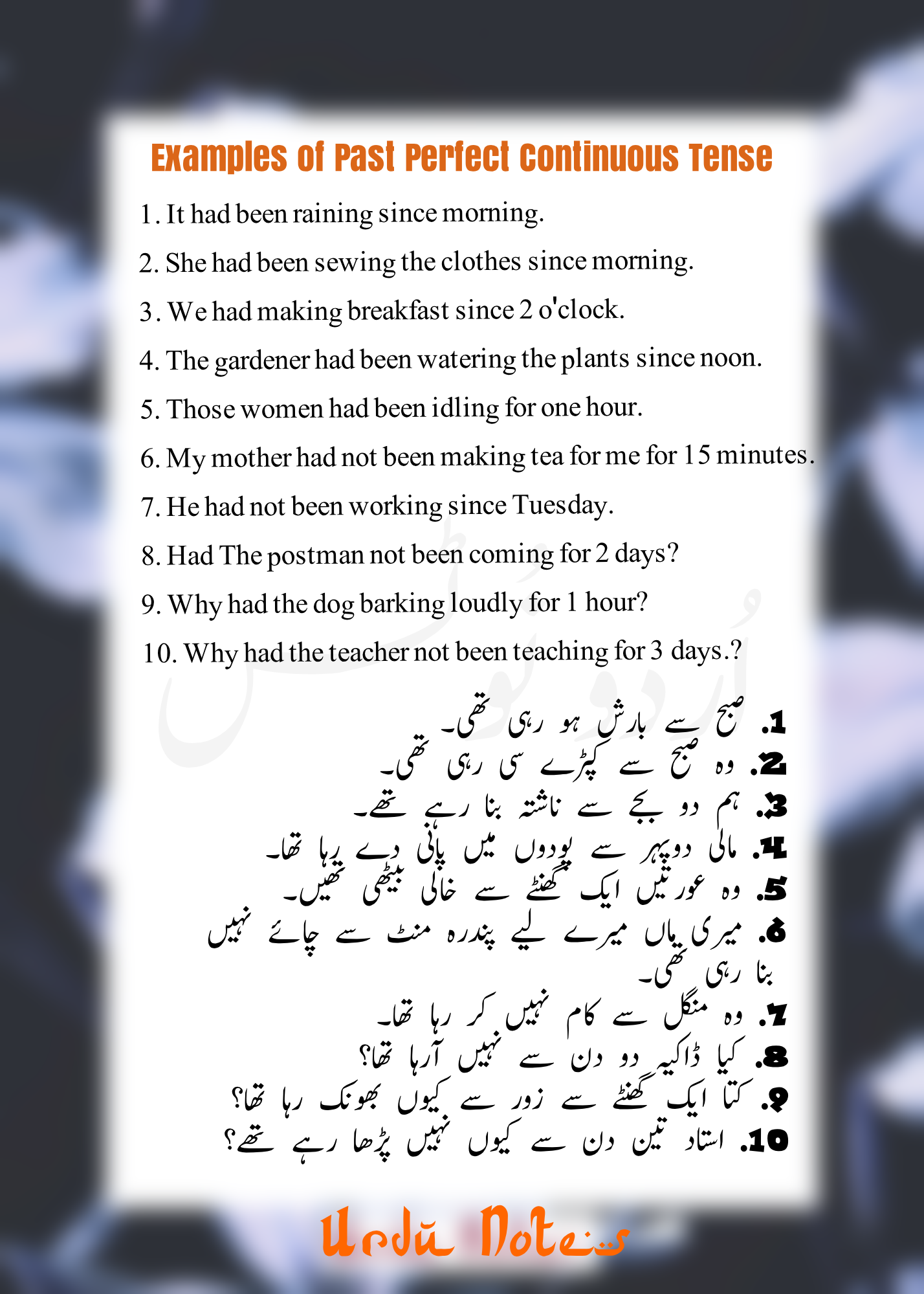 Past Perfect Continuous Tense Examples With Urdu Translation